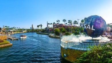Orlando, USA - May 8, 2018: The panorama of Universal City Walk near the entrance of the Universal Studios theme park with large rotating Universal logo globe on May 8, 2018. Universal Studios is one of Orlando famous theme parks.